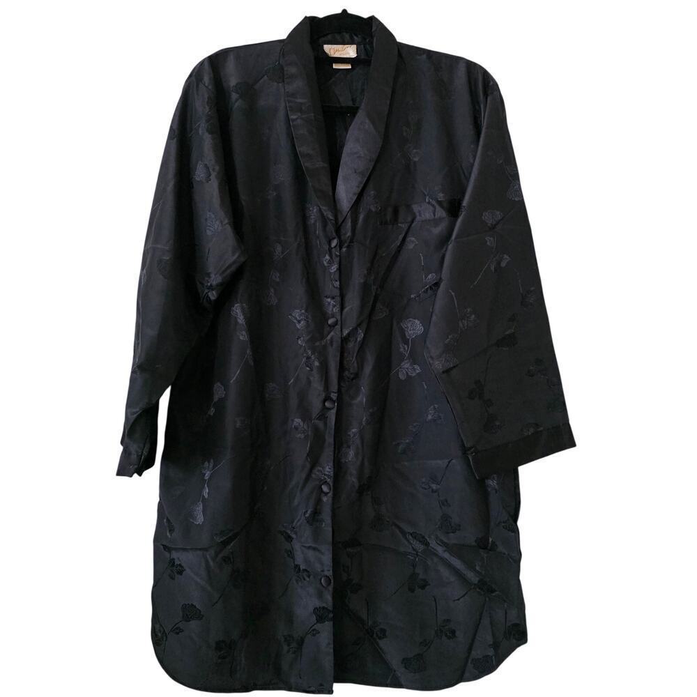 A'Milano Intimates Black Floral Jacquard Satin Sleep Shirt Large